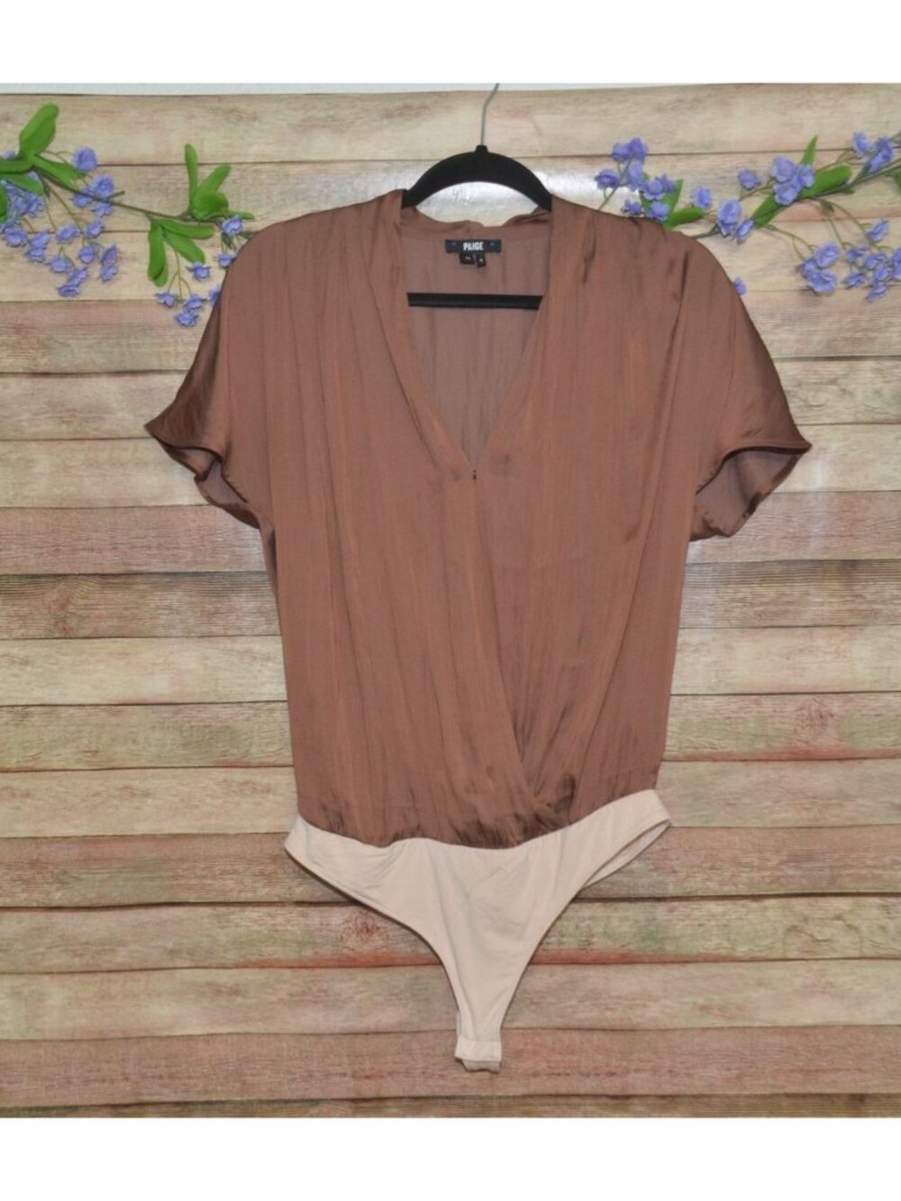Paige Womens Dijon Bodysuit Size M Brown Faux Wrap Deep V Neck Short Sleeve